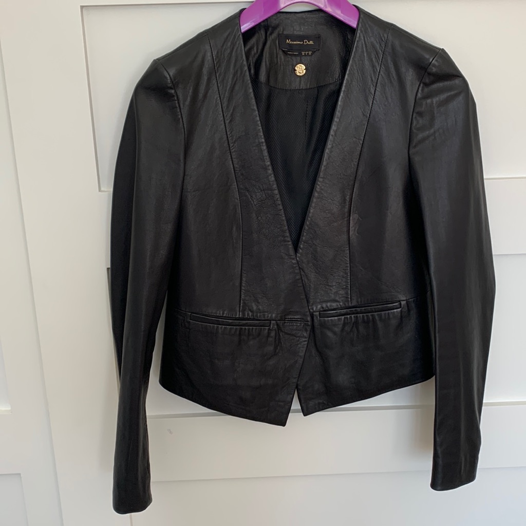 Massimo Dutti Black Genuine Leather V-Neck Jacket Us Size 4